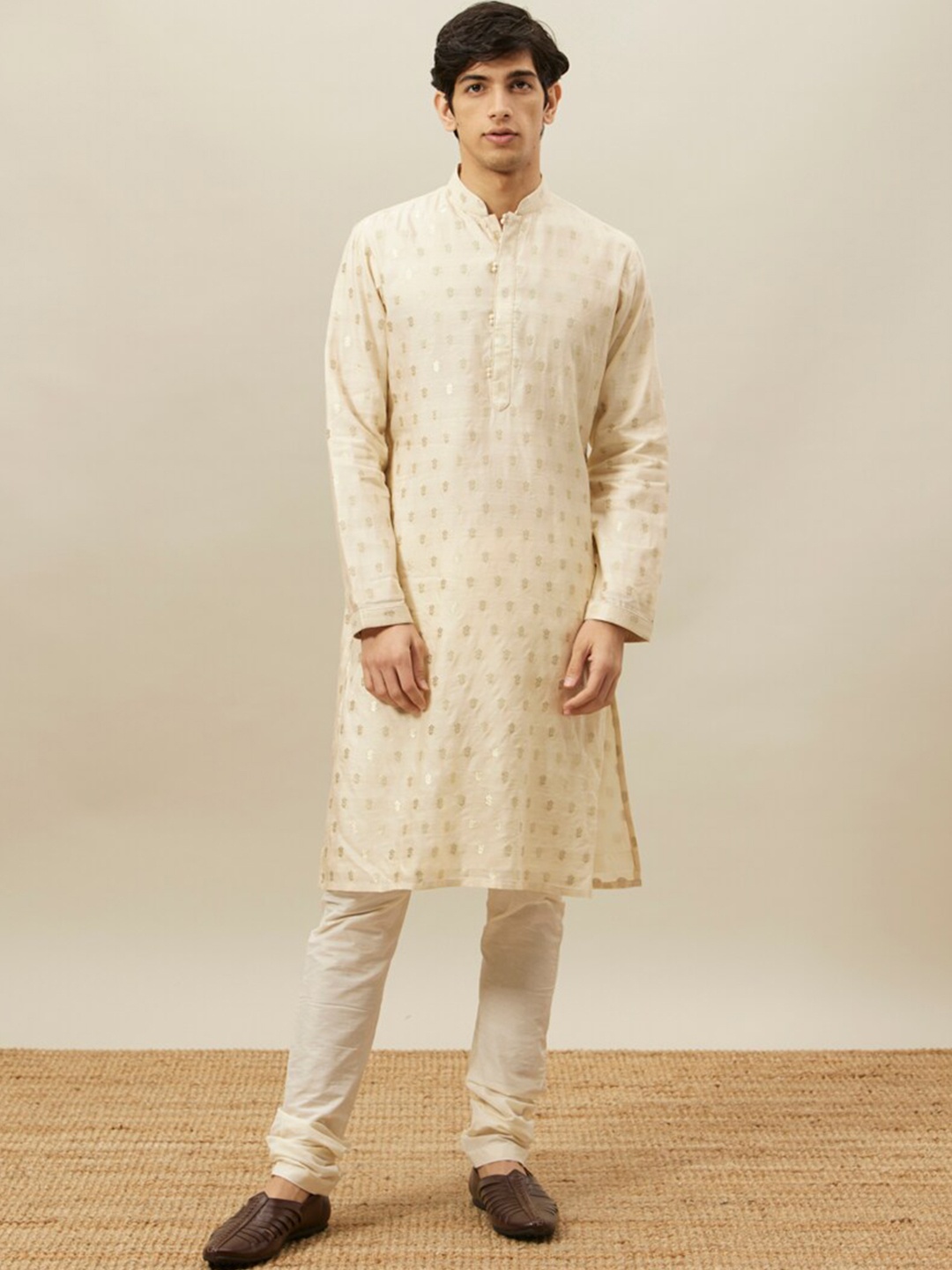 

Twamev Woven Design Mandarin Collar Kurta with Churidar, Cream