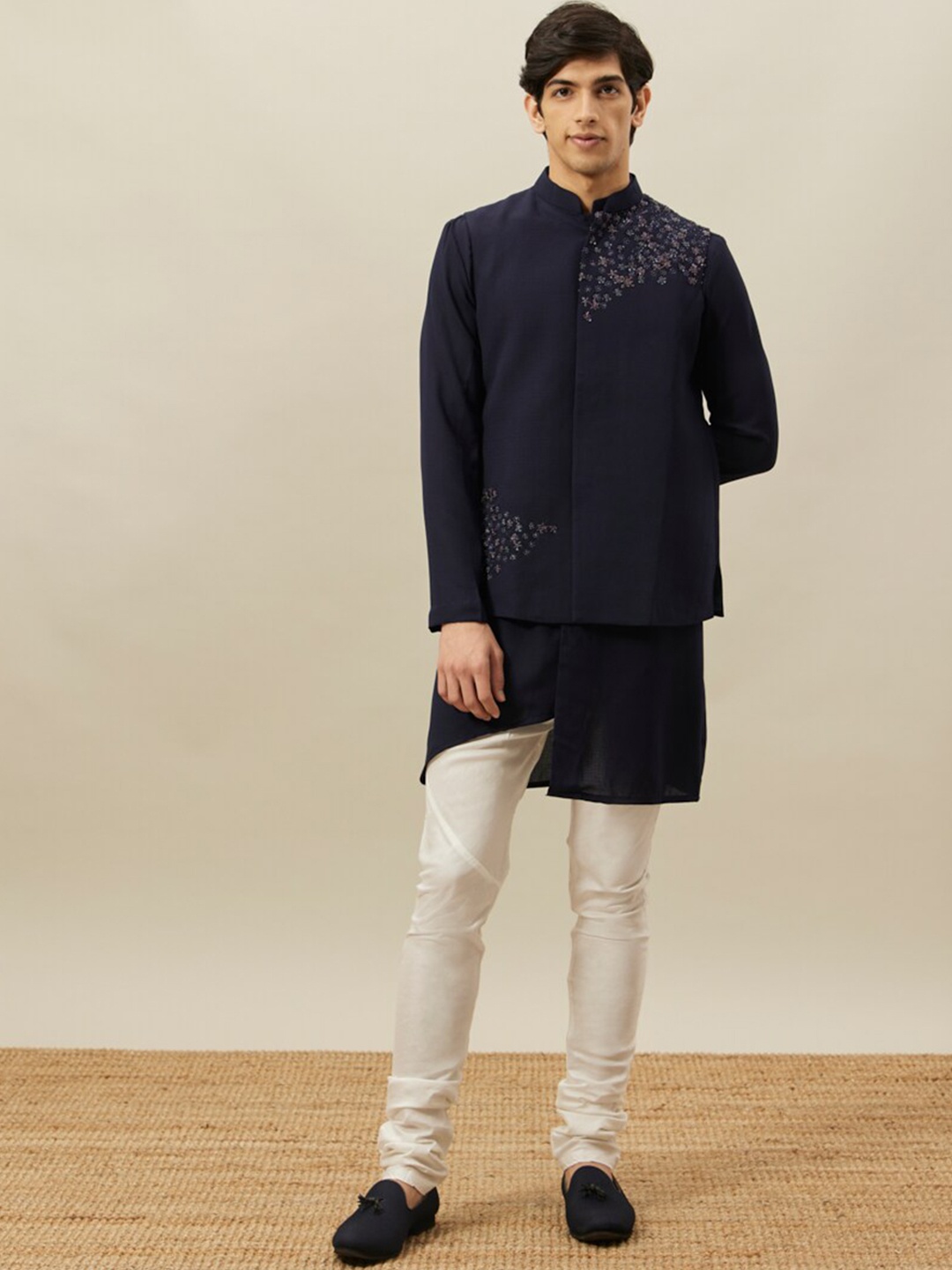 

Twamev Floral Embroidered Regular Kurta with Churidar With Nehru Jacket, Blue