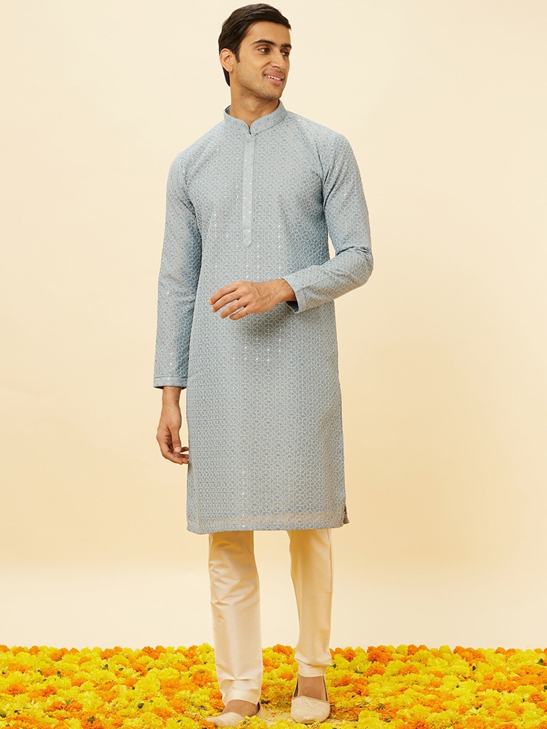 

Twamev Ethnic Motifs Embroidered Sequinned Kurta With Churidar, Blue