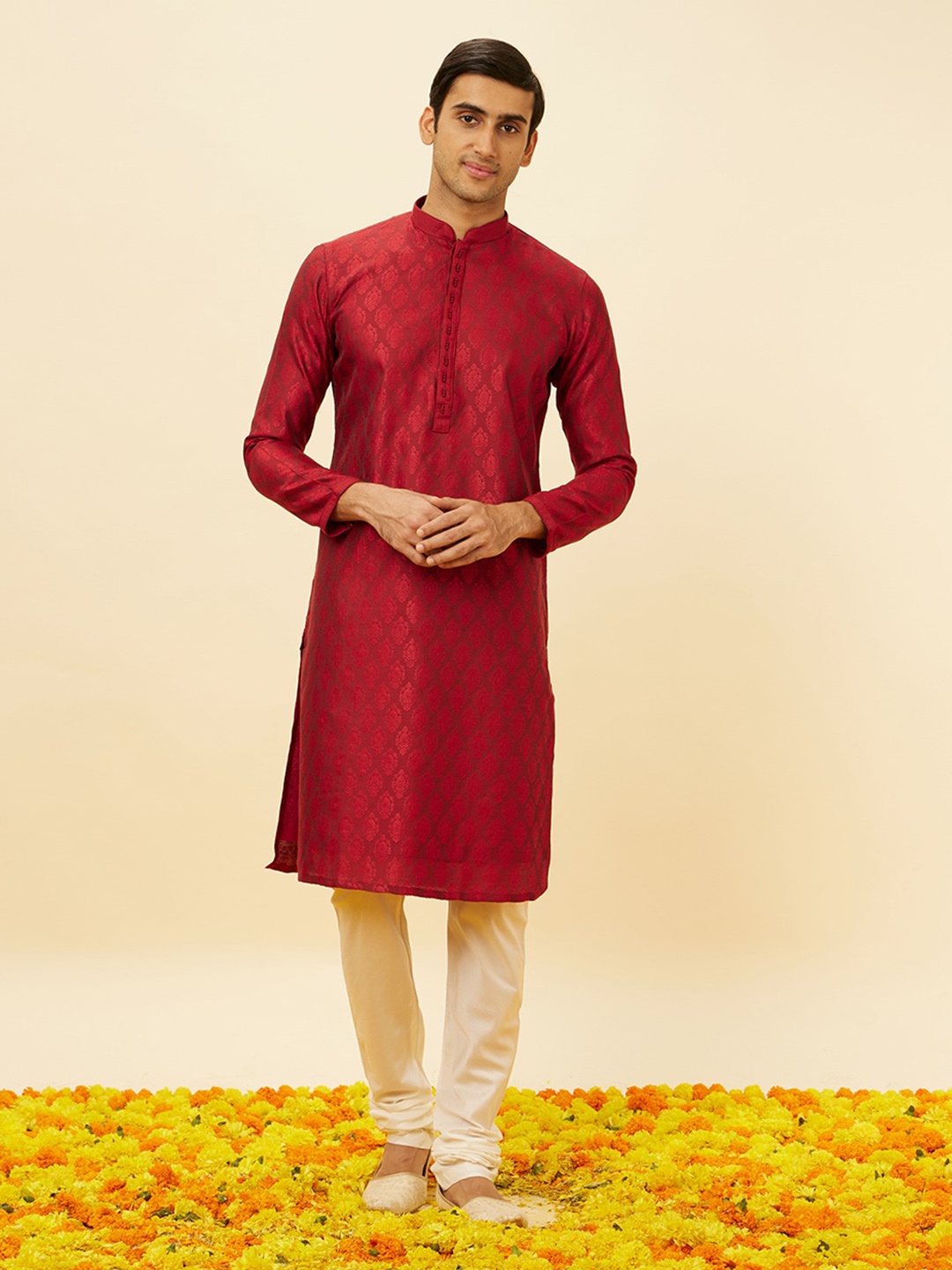 

Twamev Ethnic Motifs Woven Design Mandarin Collar Thread Work Straight Kurta With Churidar, Maroon