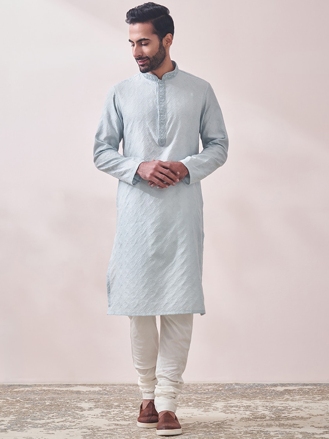 

Twamev Self Design Mandarin Collar Thread Work Kurta with Pyjamas, Blue