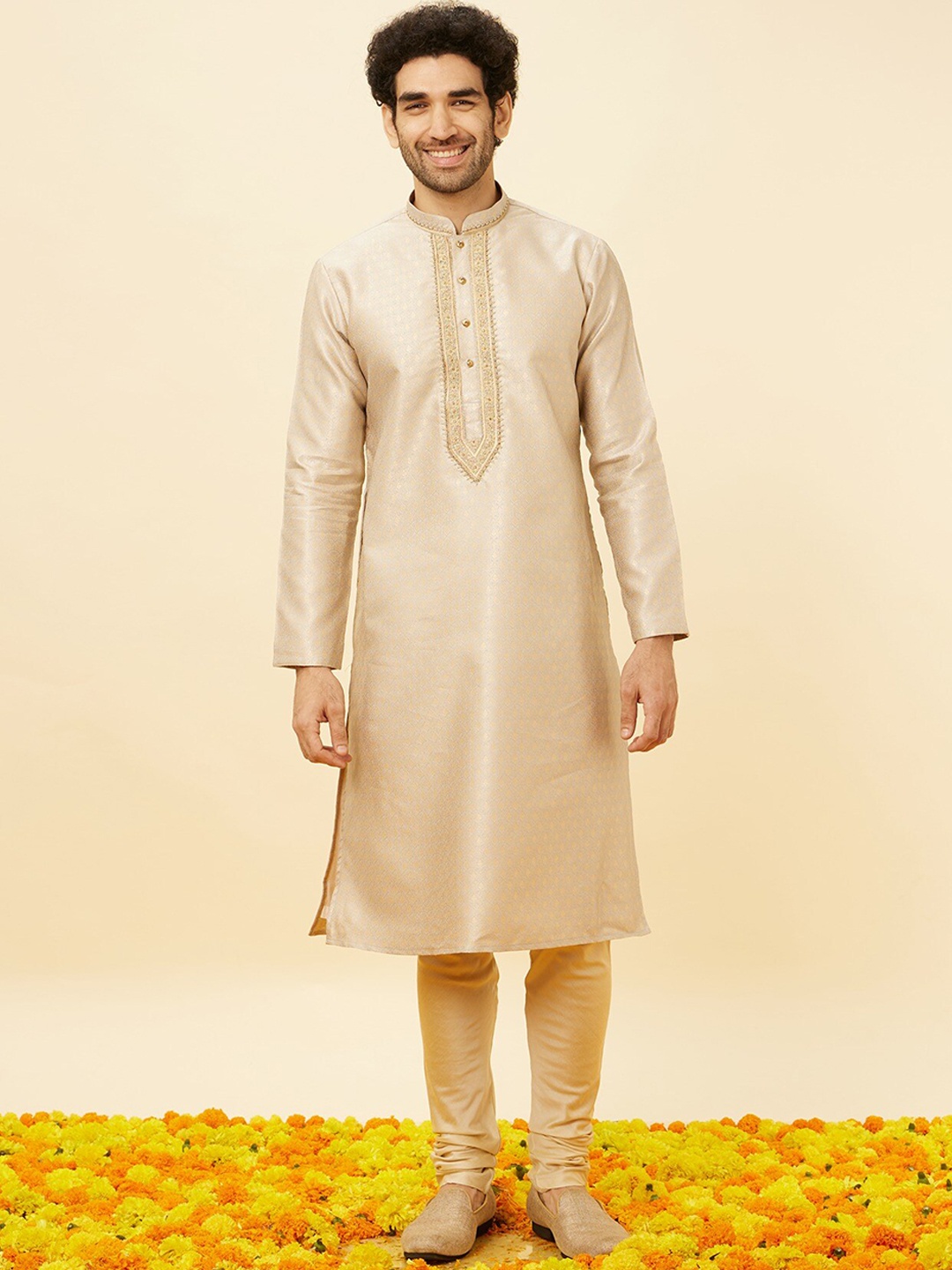 

Twamev Ethnic Motifs Woven Design Mandarin Collar Kurta With Churidar, Grey