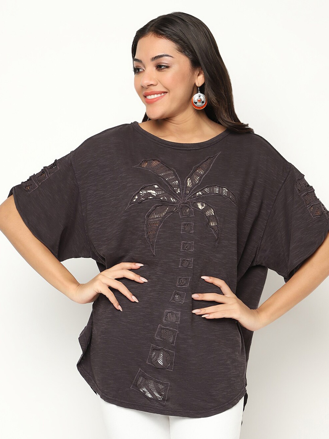 

HOUSE OF S Self Design Oversized Cotton Top, Brown