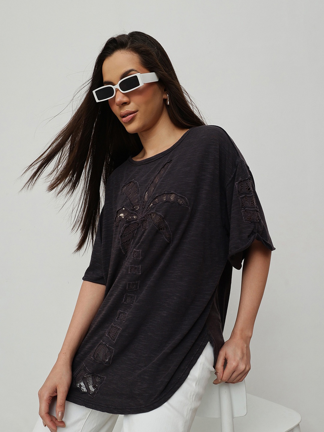 

HOUSE OF S Self Design Oversized Cotton Top, Brown