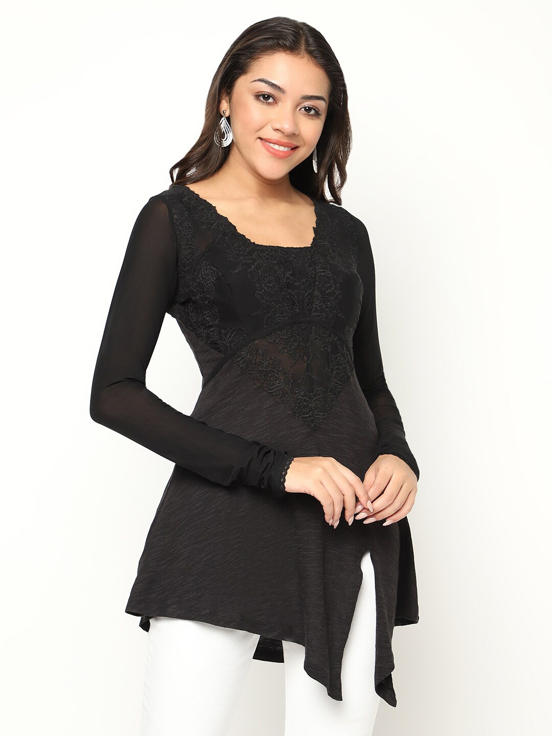 

HOUSE OF S Floral Embroidered Longline Top, Black