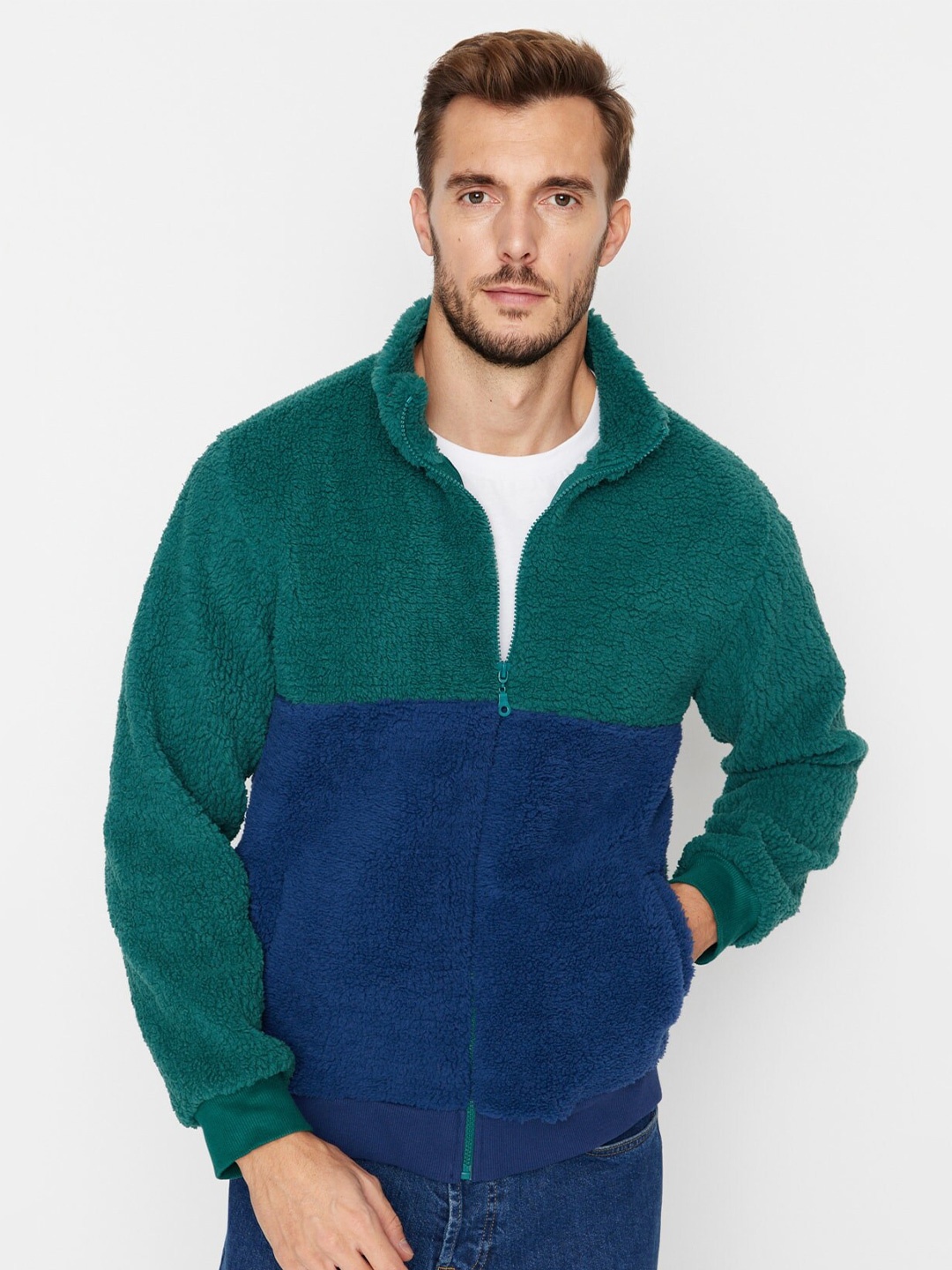 

Trendyol Colourblocked Mock Collar Front-Open Sweatshirt, Green