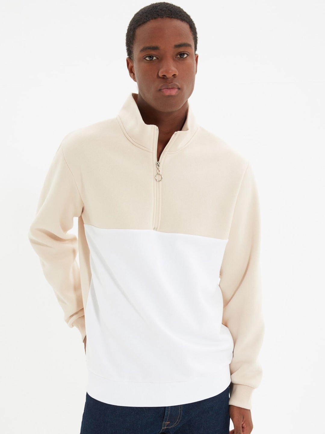

Trendyol Colourblocked Mock Collar Pullover Sweatshirt, Beige
