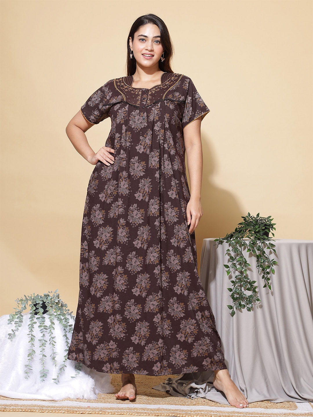 

9shines Label Floral Printed Maxi Everyday Nightdress, Coffee brown