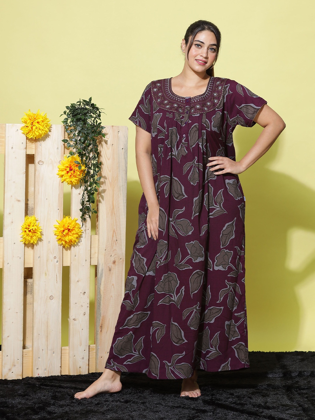 

9shines Label Floral Printed Maxi Nightdress, Burgundy