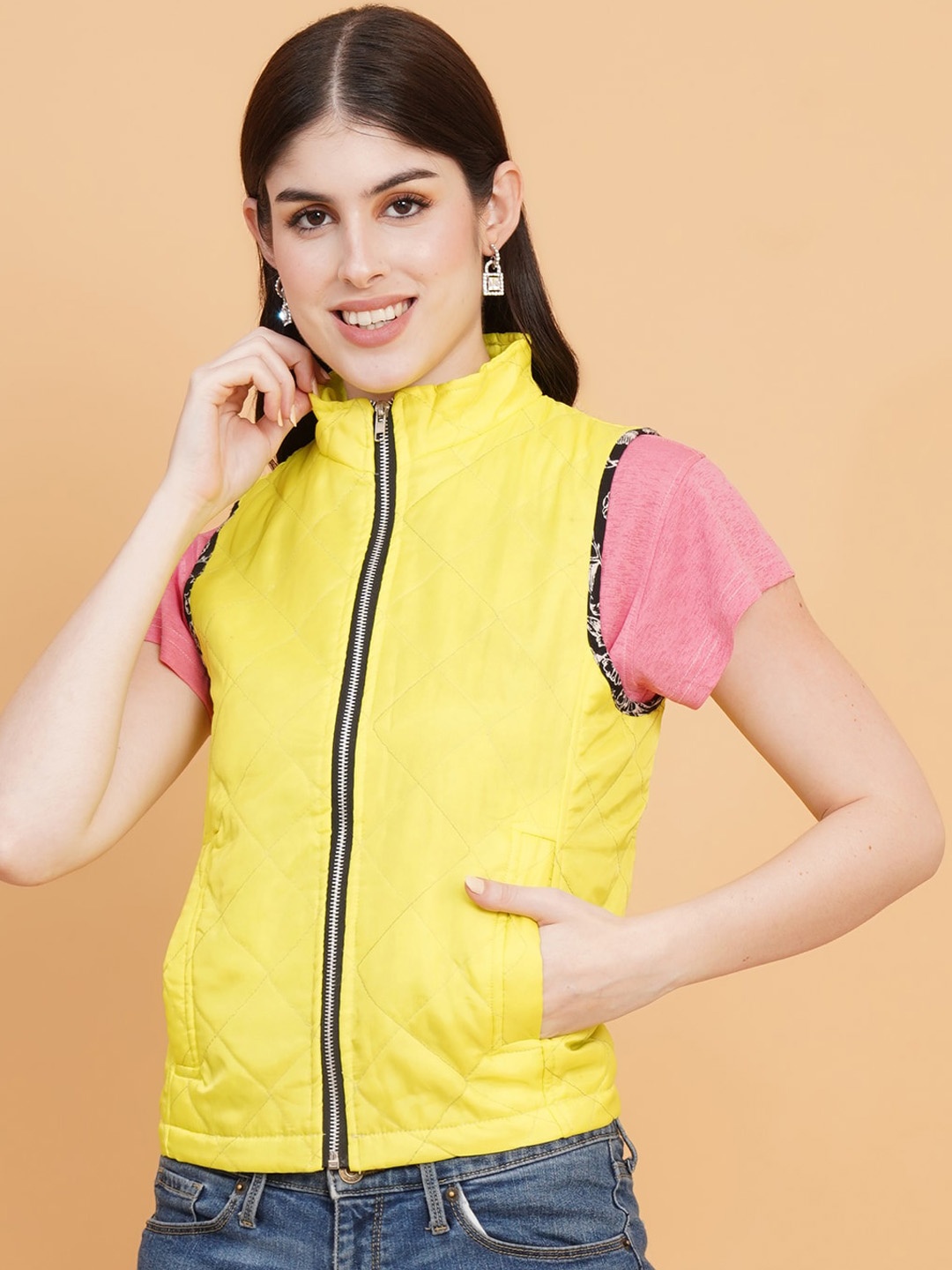 

IX IMPRESSION Mock Collar Lightweight Quilted Jacket, Yellow