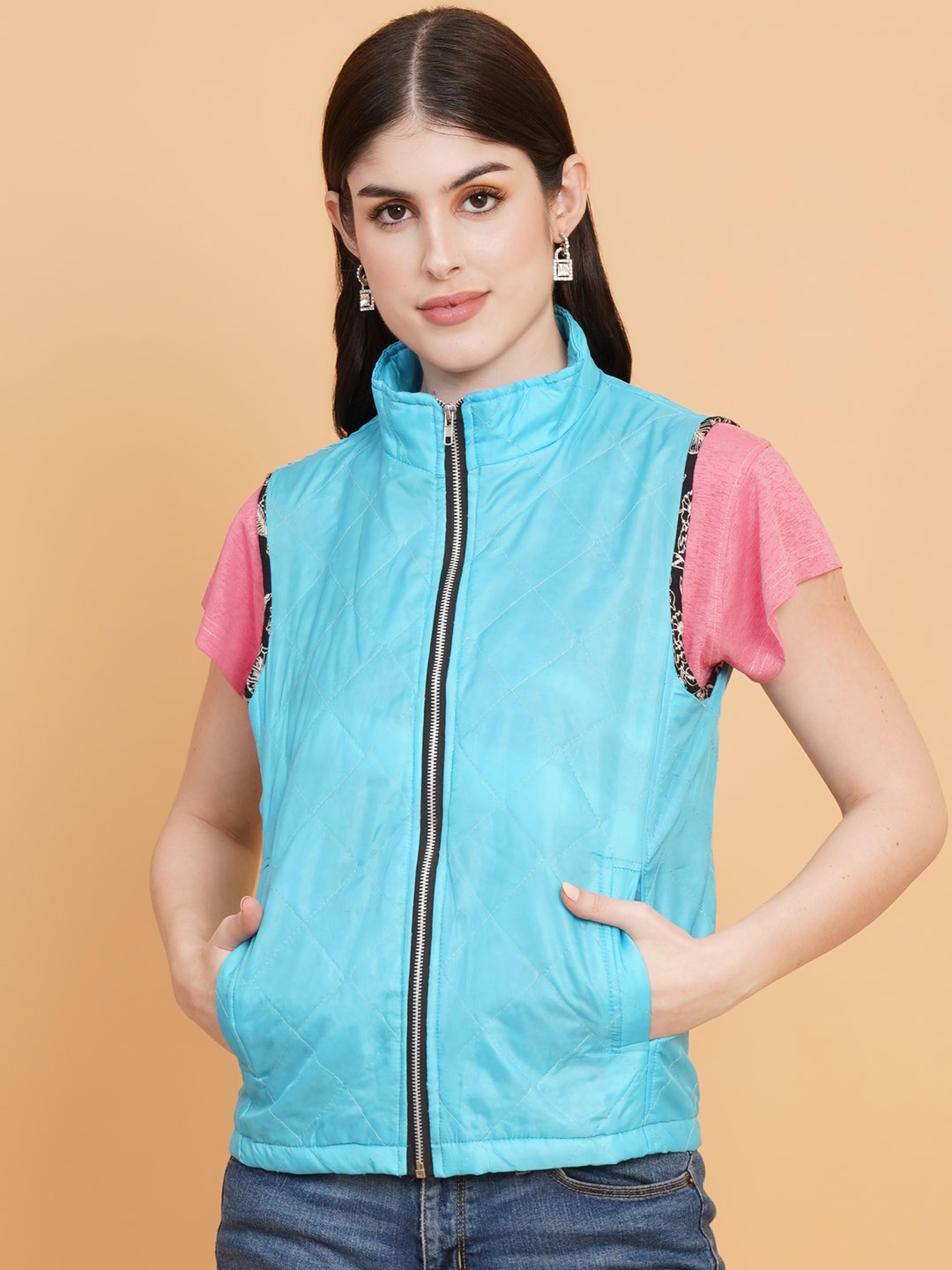 

IX IMPRESSION Mock Collar Lightweight Quilted Jacket, Blue