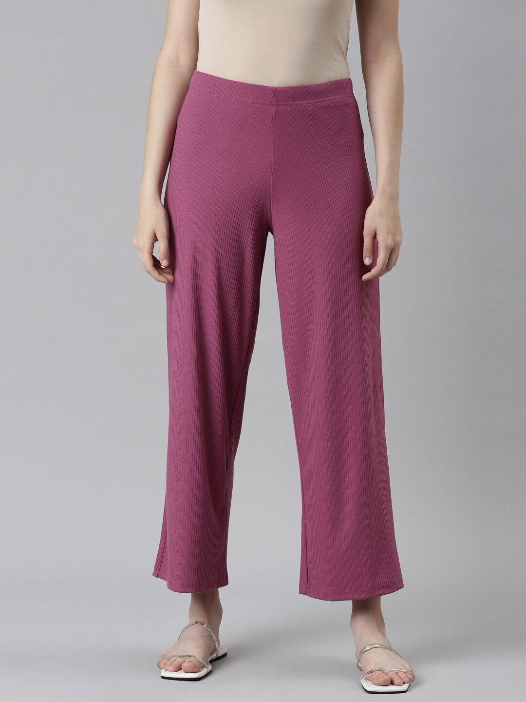 

Go Colors Mid-Rise Ribbed Palazzos, Pink
