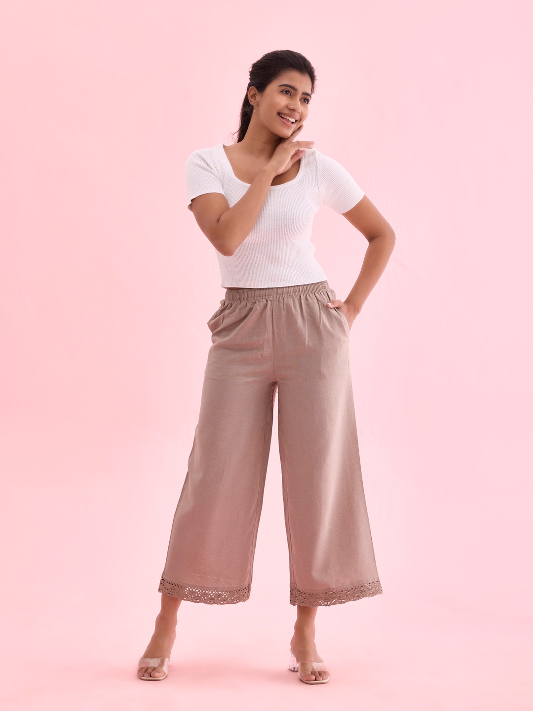 Go Colors Women Mid-Rise Palazzos, Khaki
