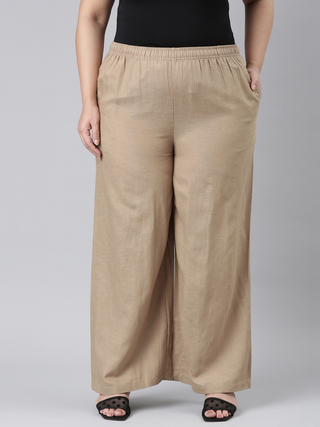 

Go Colors Plus Size Mid-Rise Palazzos, Beige