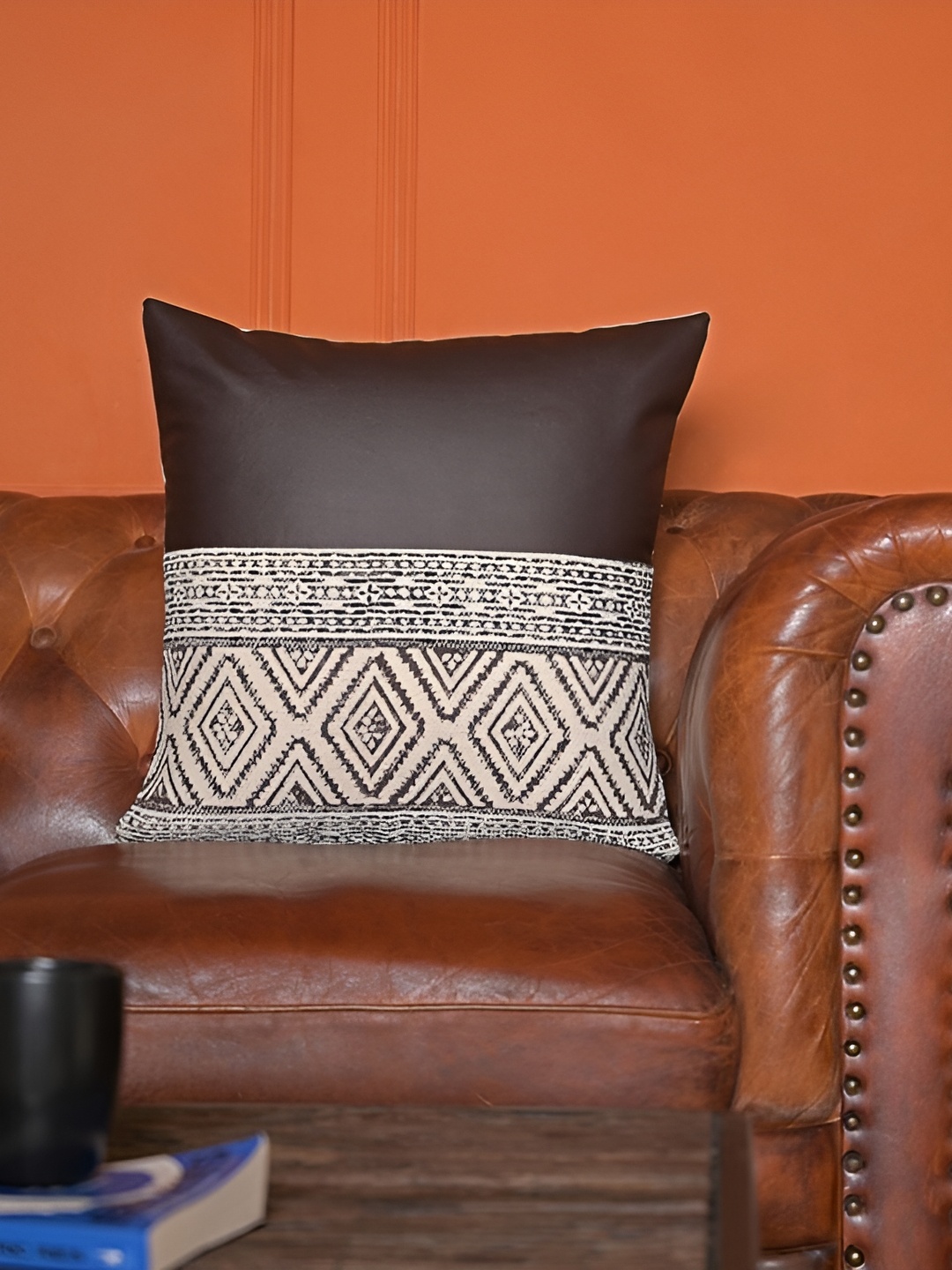 

ABSTRACT INDIA Coffee Brown & Beige Cotton Printed With Vegan Leather Square Cushion Cover