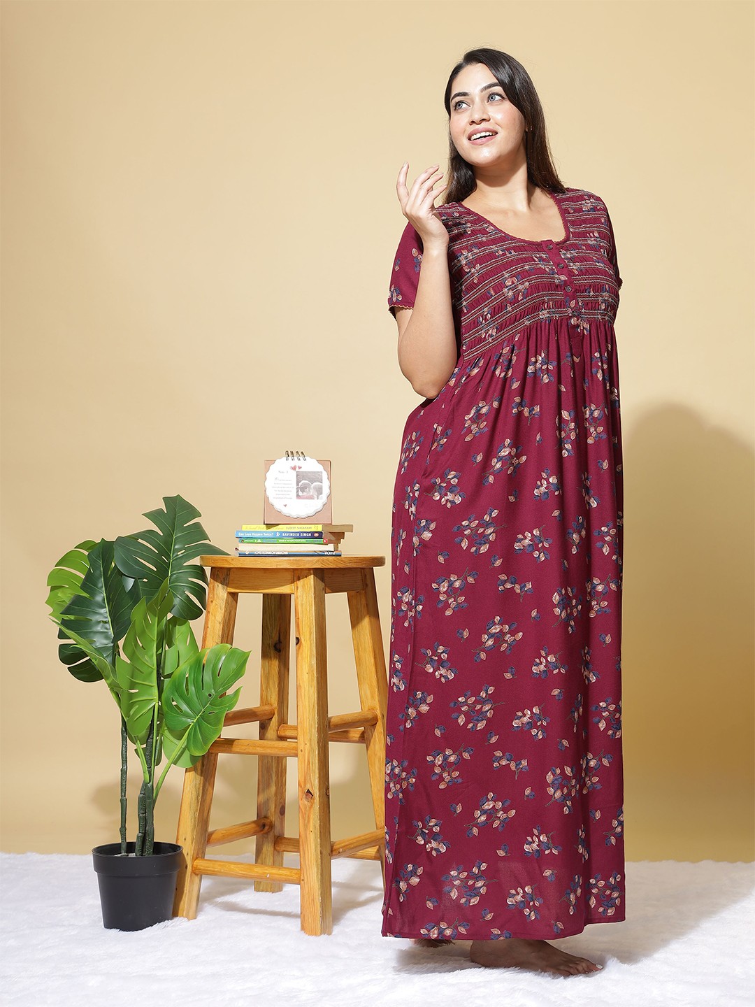 

9shines Label Floral Printed Maxi Everyday Nightdress, Maroon