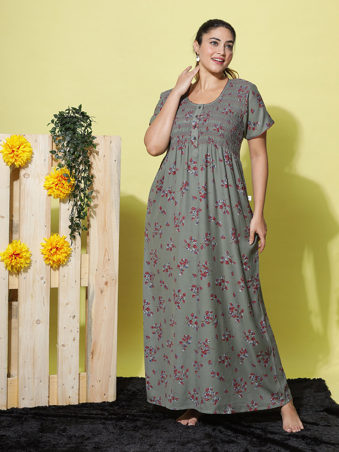 

9shines Label Floral Printed Maxi Nightdress, Green