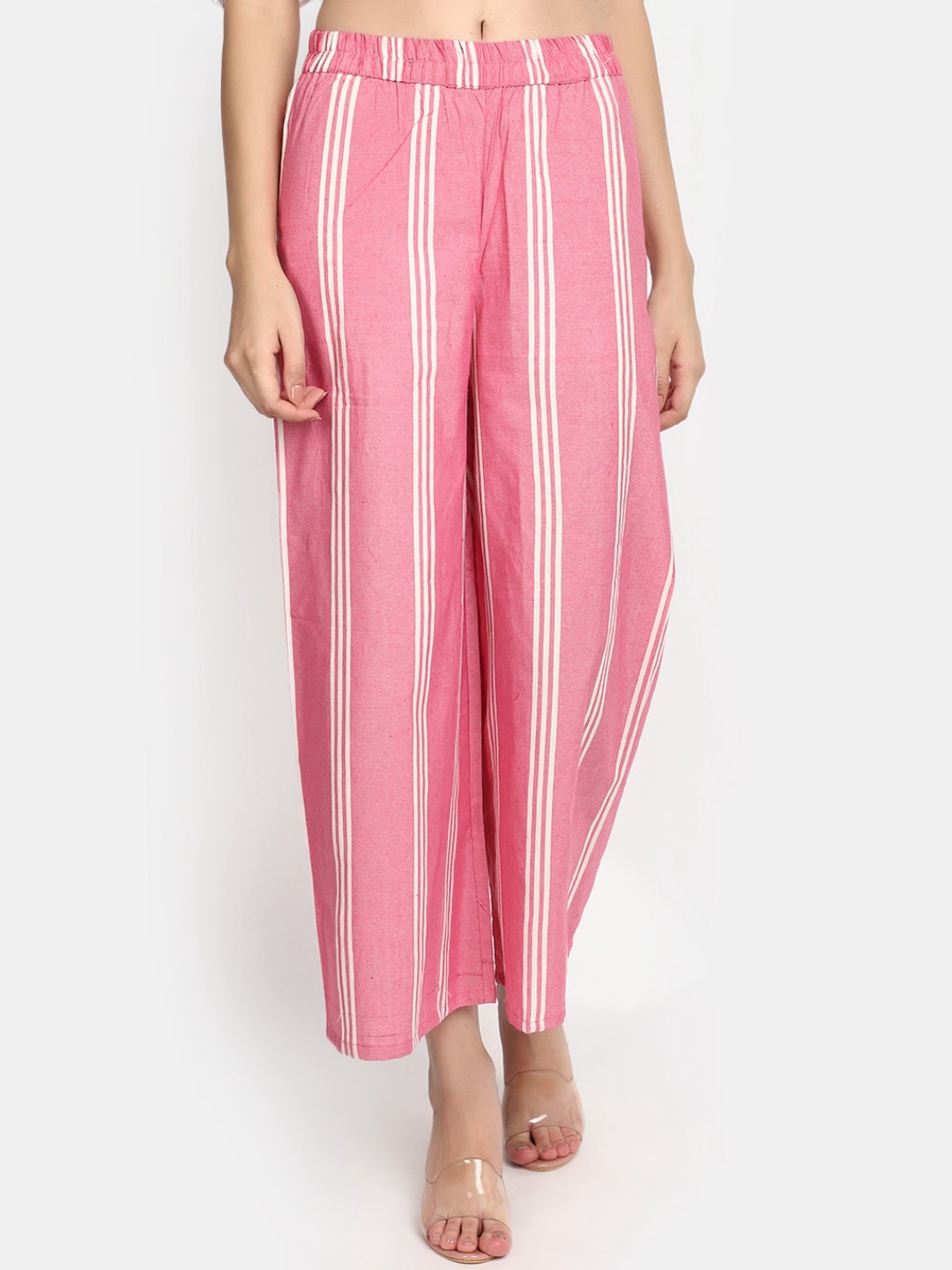 

V-Mart Women Pink Striped Mid Rise Parallel Trousers