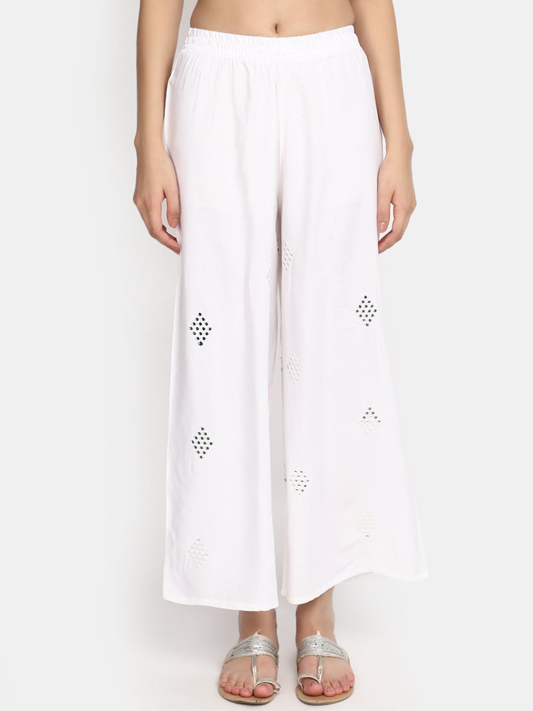 

V-Mart Geometric Embroidered Palazzo, White