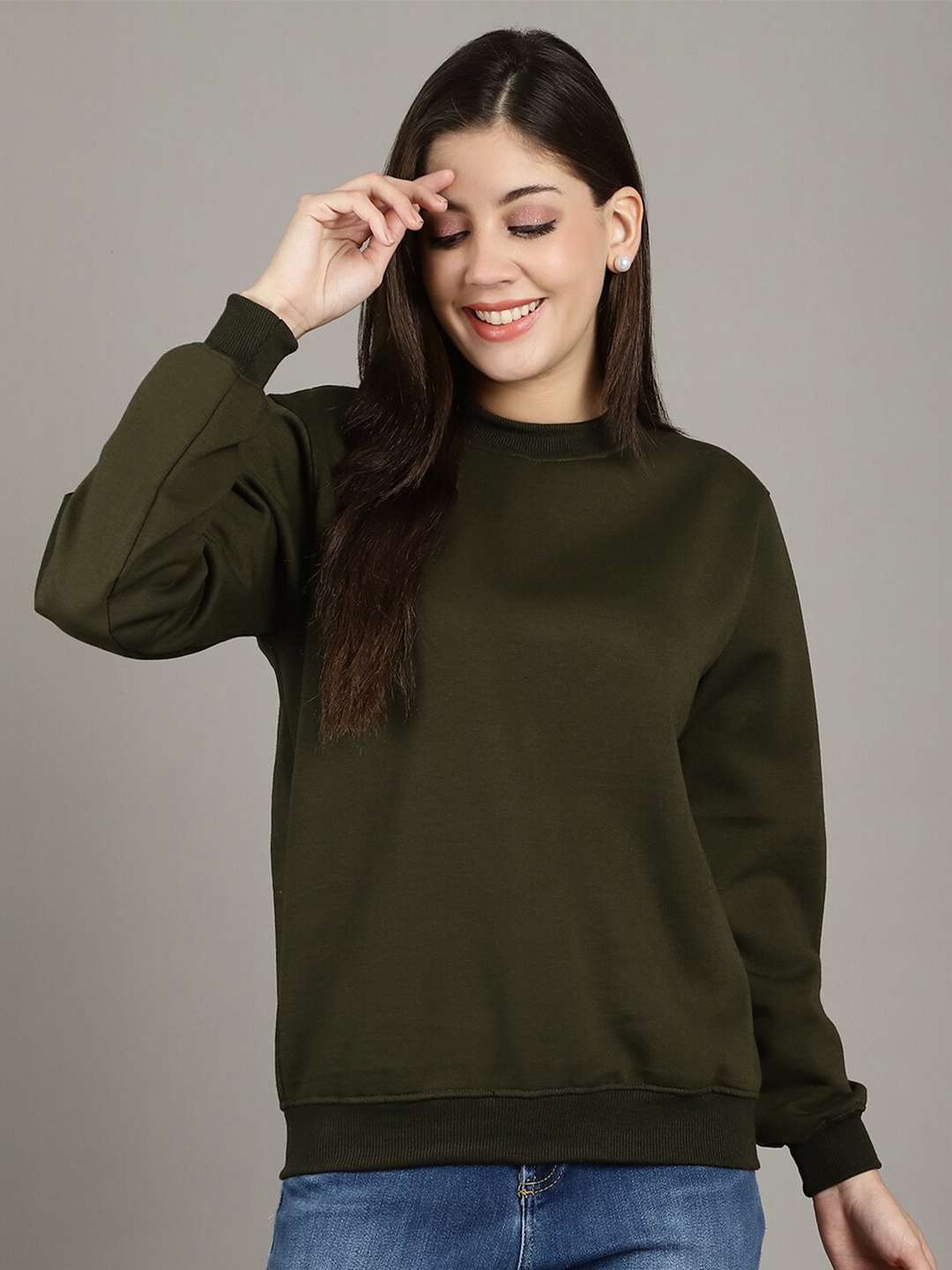 

Jinfo Round Neck Pullover Fleece Sweatshirt, Olive