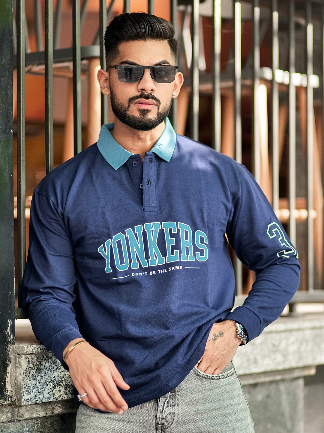 

Maniac Typography Printed Polo Collar Cotton Casual Oversized T-shirt, Blue