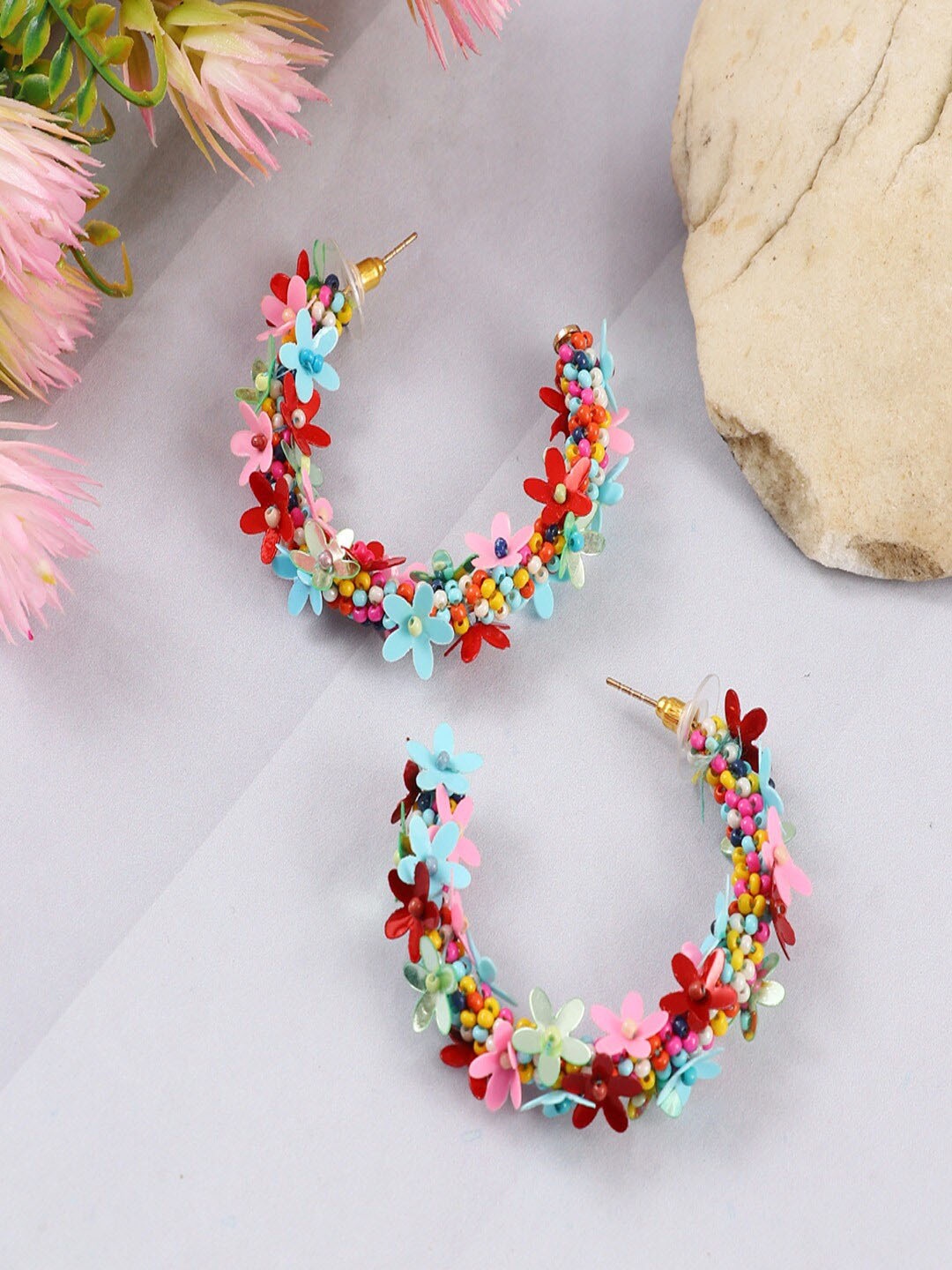 

UNIVERSITY TRENDZ Gold Plated Floral Beaded Half Hoop Earrings