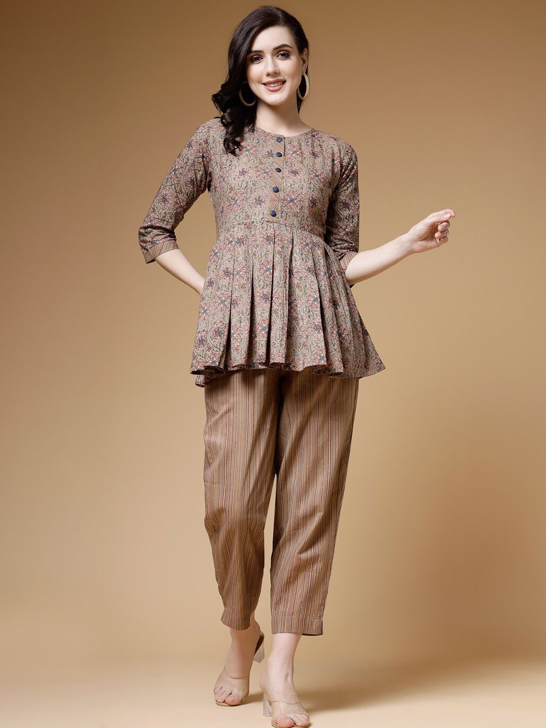 

Indibelle Ethnic Motifs Printed Pure Cotton Tunic With Trousers, Brown