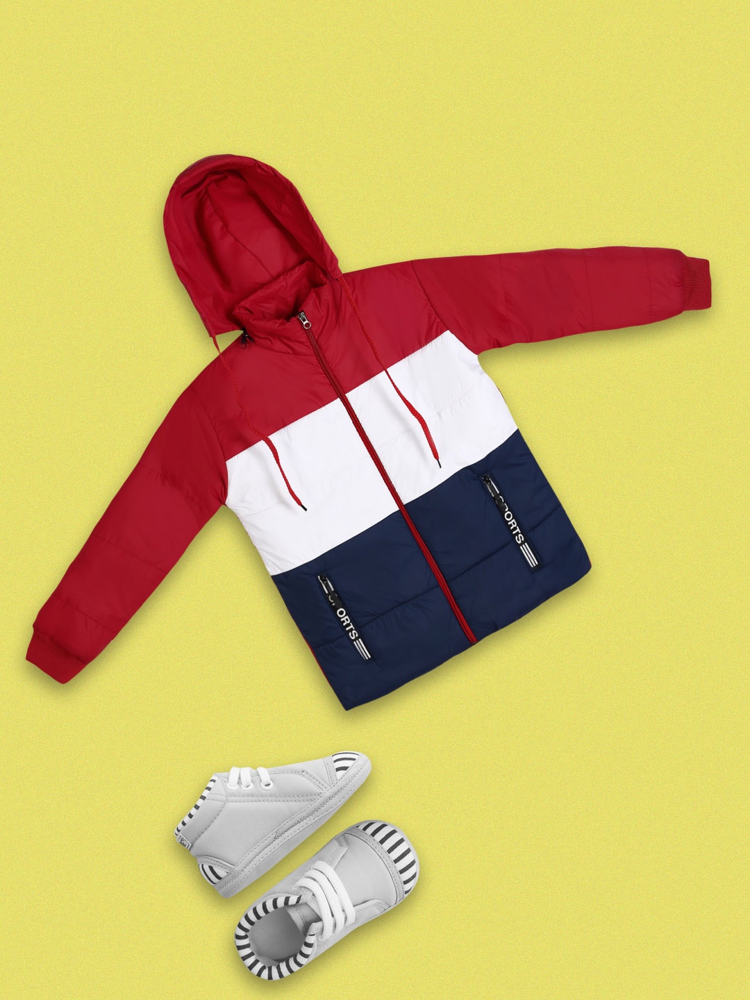

V-Mart Boys Colourblocked Hooded Cotton Quilted Jacket With Zip Detail, Red
