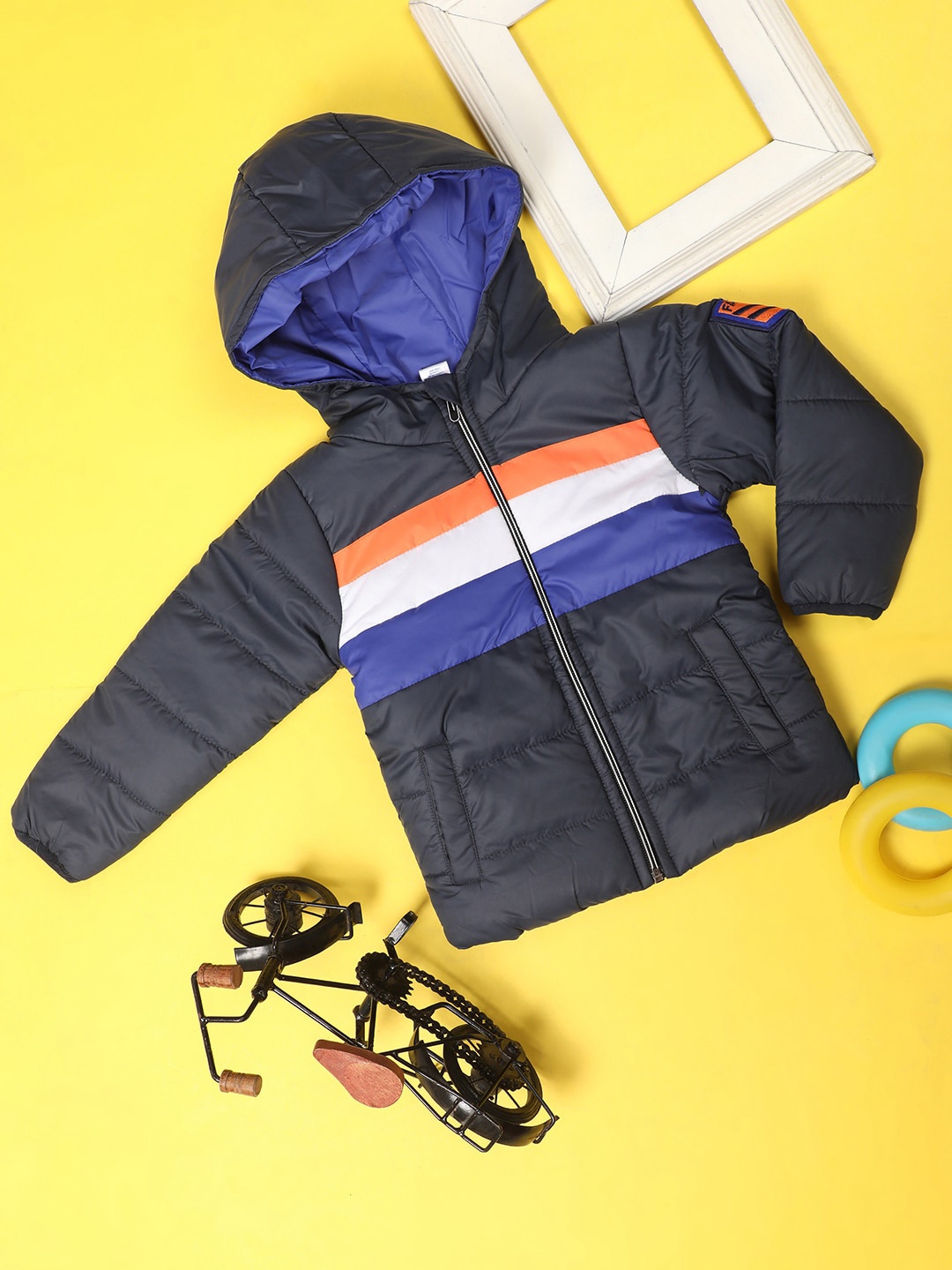 

V-Mart Girls Colourblocked Hooded Cotton Puffer Jacket With Zip Detail, Blue
