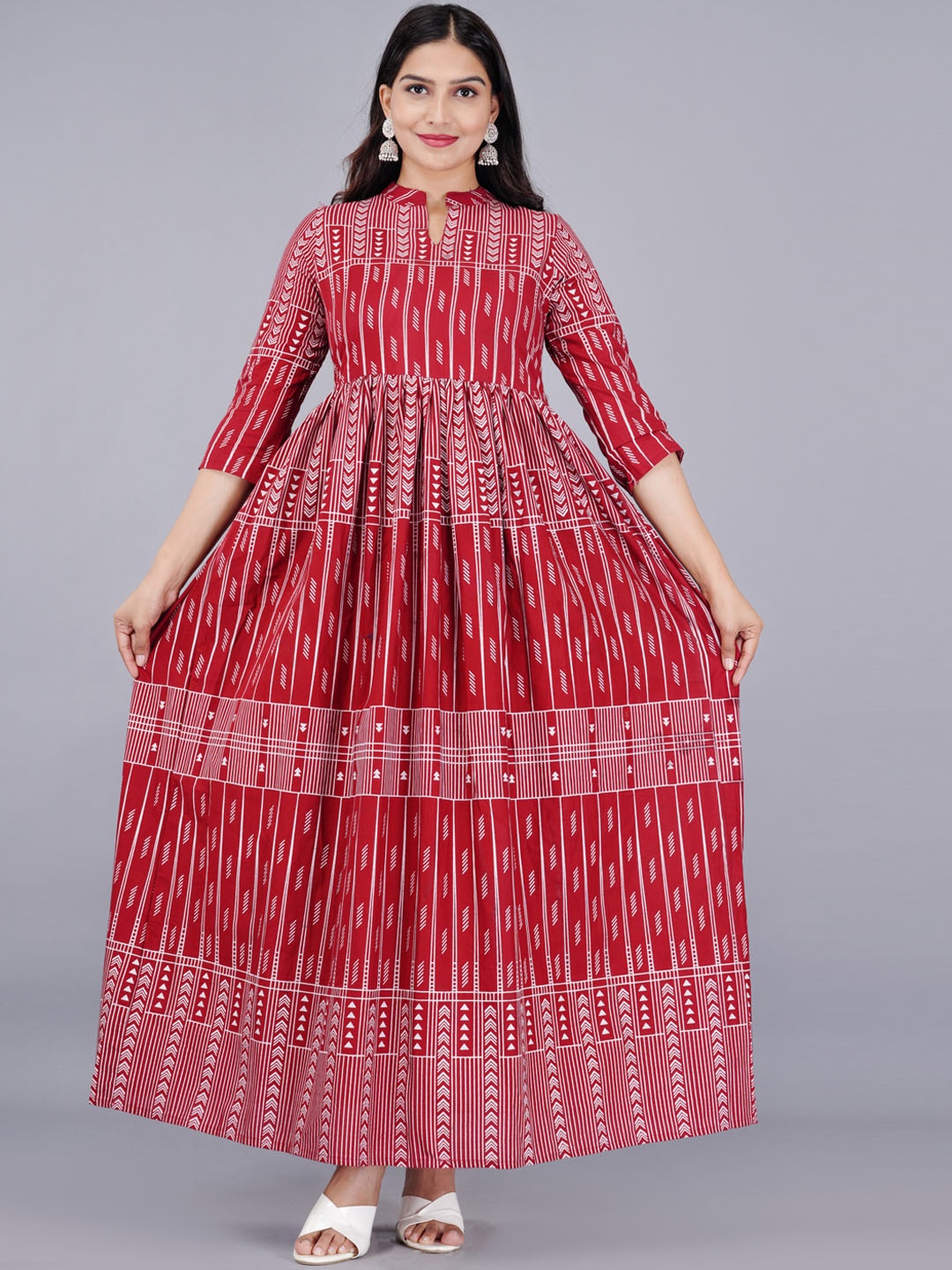 

KALINI Geometric Printed Mandarin Collar Anarkali Kurta, Red