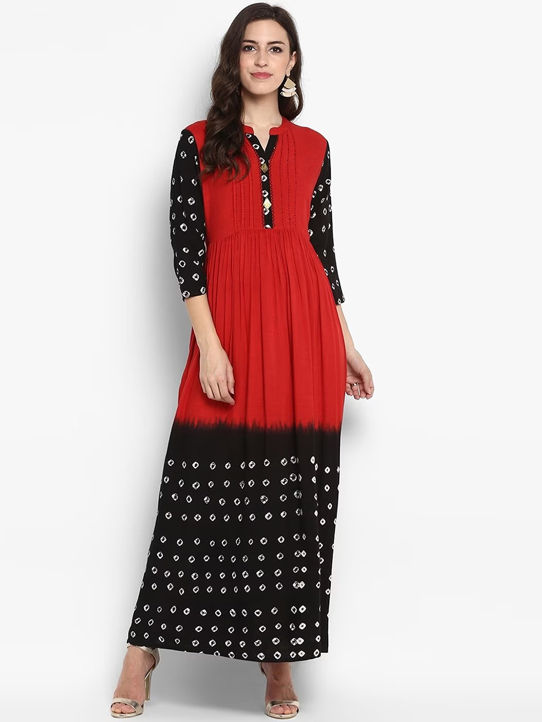 

KALINI Colourblocked Mandarin Collar Maxi Ethnic Dress, Red