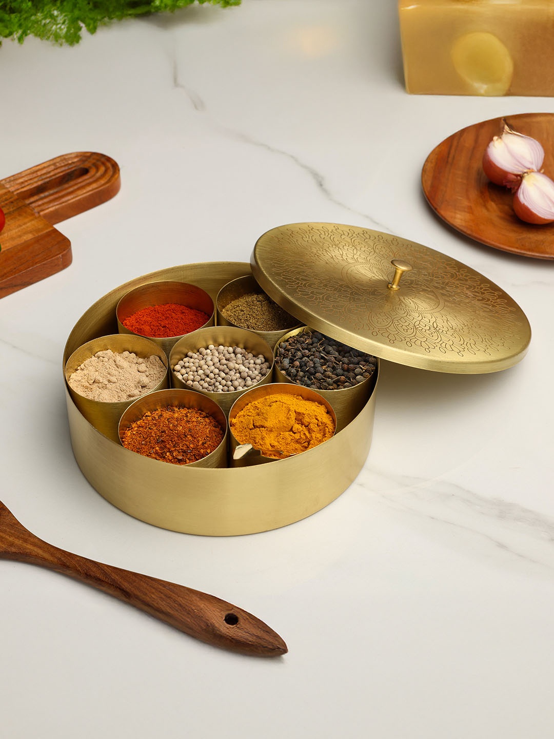 

dudki Gold-Toned Mandala Artwork Design Brass Dishwasher Safe 7 container Spice Box