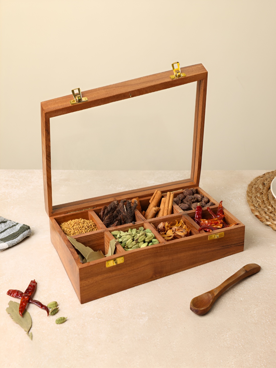 

dudki Brown Wooden Spice Box with 8 Compartment