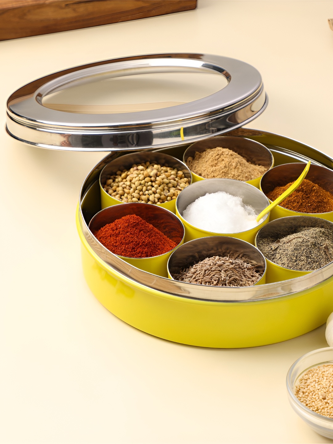 

dudki Yellow Stainless Steel 7 Container Spice Box with Lid