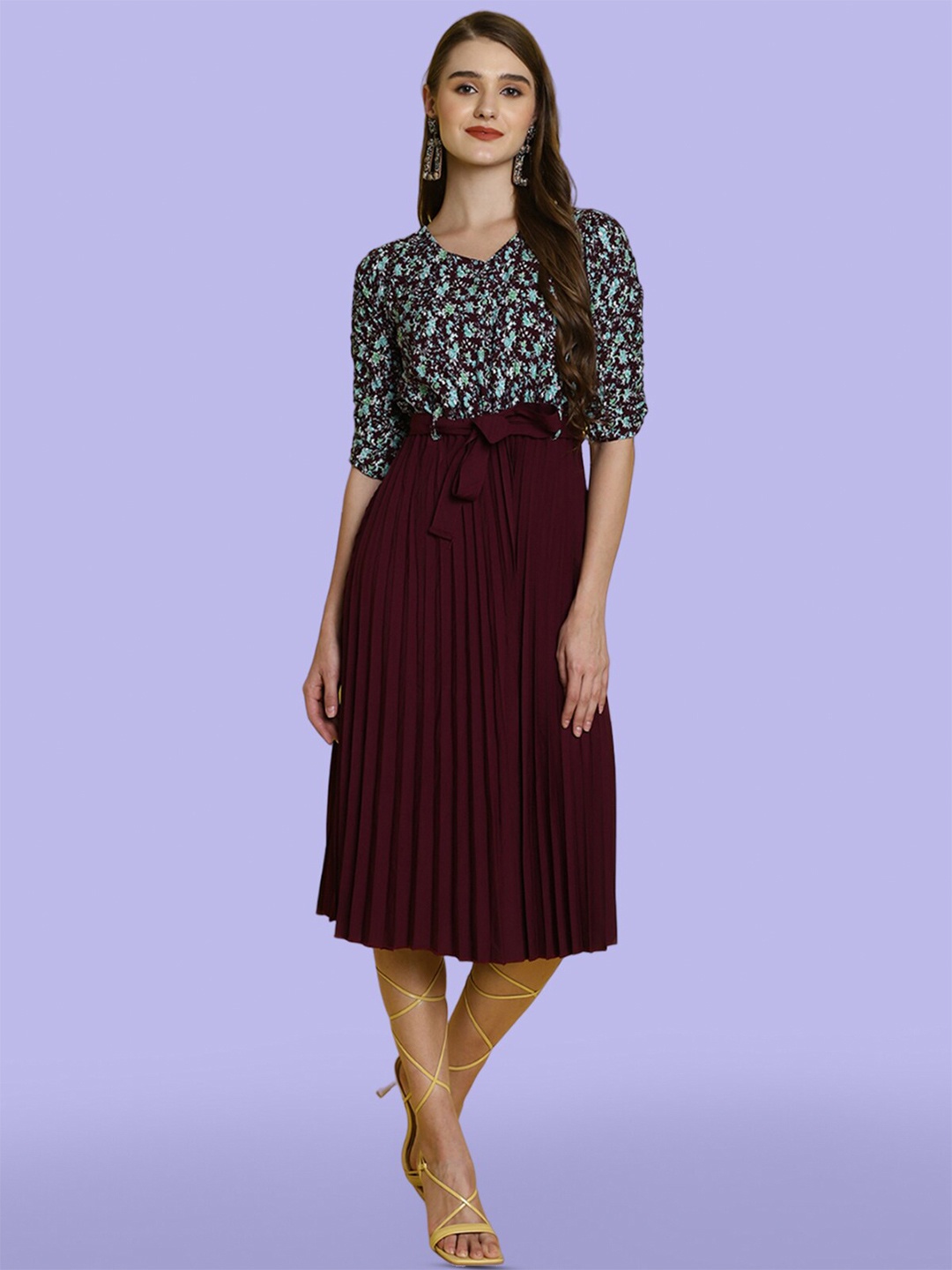 

Fabflee Floral Printed Accordion Pleats Fit & Flare Midi Dress, Purple