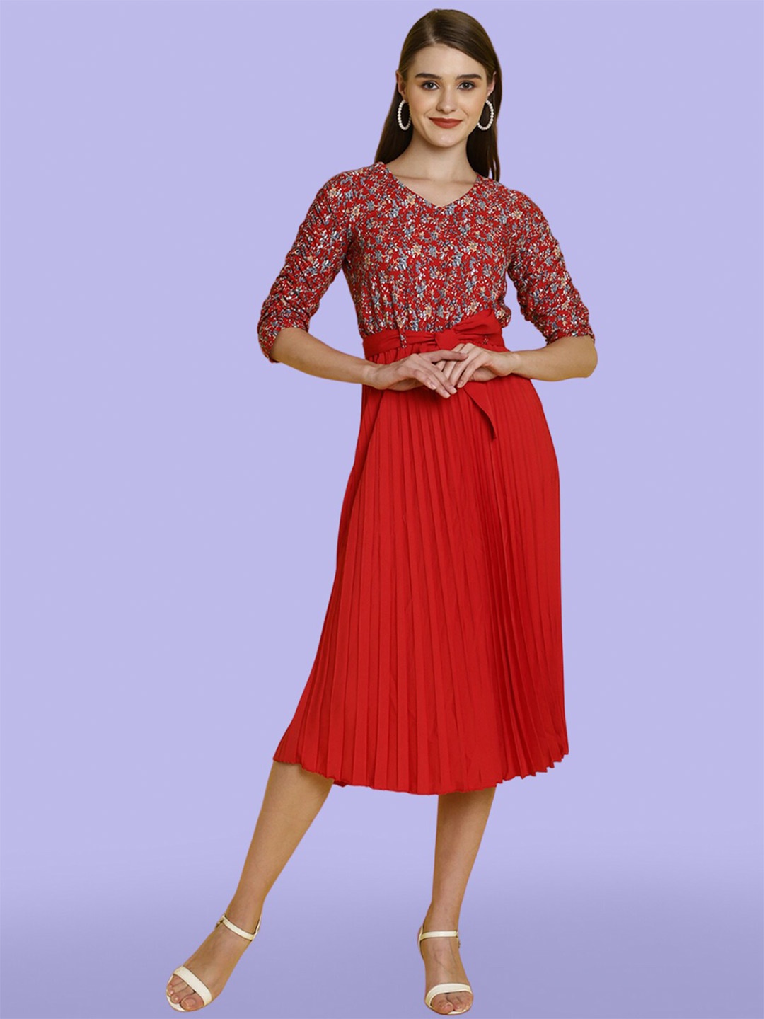 

Fabflee Floral Printed Accordion Pleats Fit & Flare Midi Dress, Red
