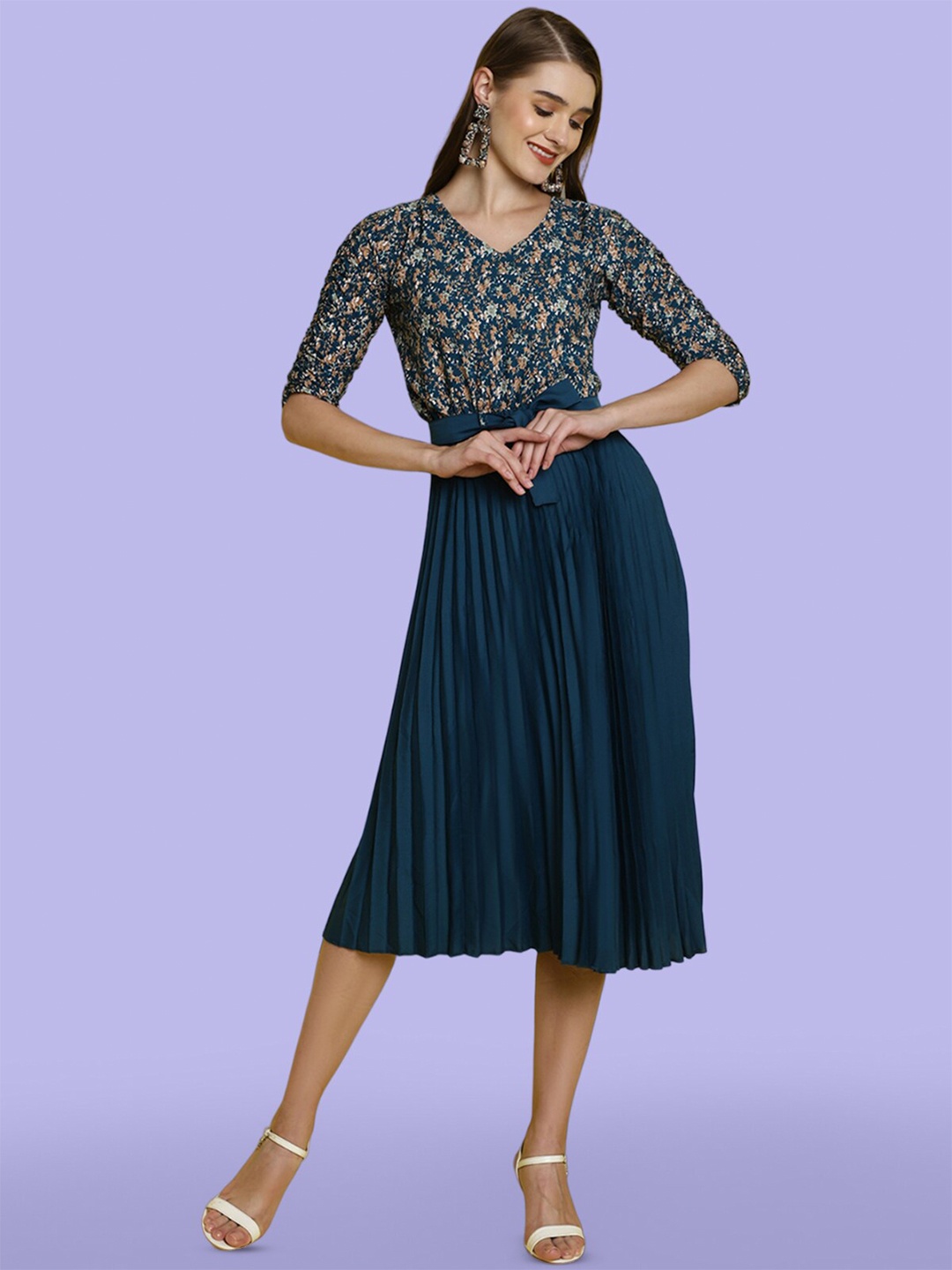 

Fabflee Teal Floral Printed V-Neck Fit & Flare Dress
