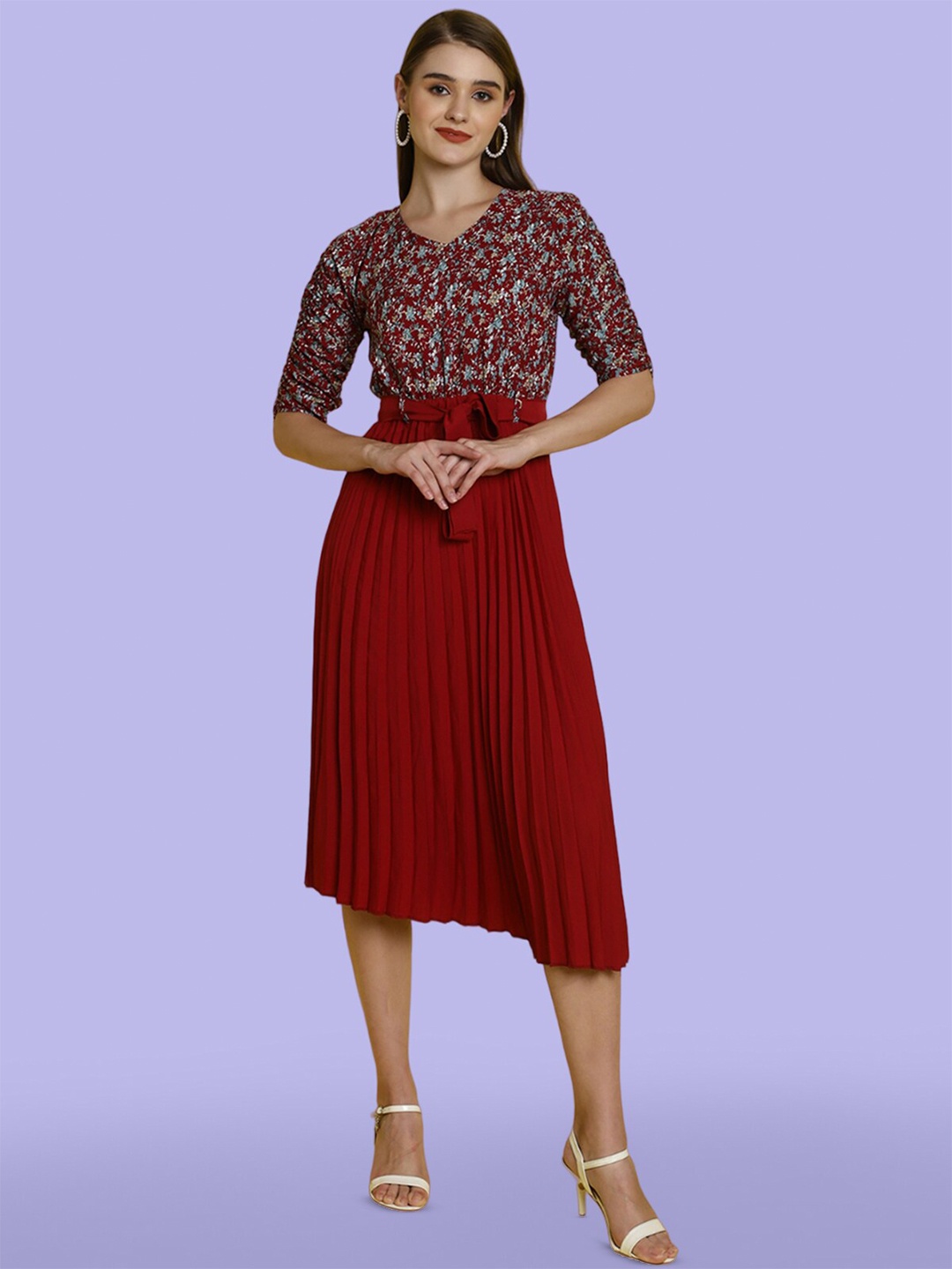 

Fabflee Floral Printed Accordion Pleats Fit & Flare Midi Dress, Maroon