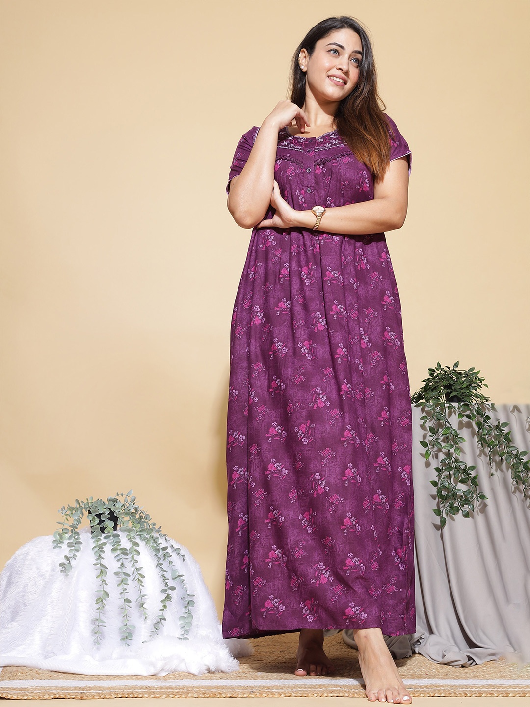 

9shines Label Floral Printed Maxi Nightdress, Purple