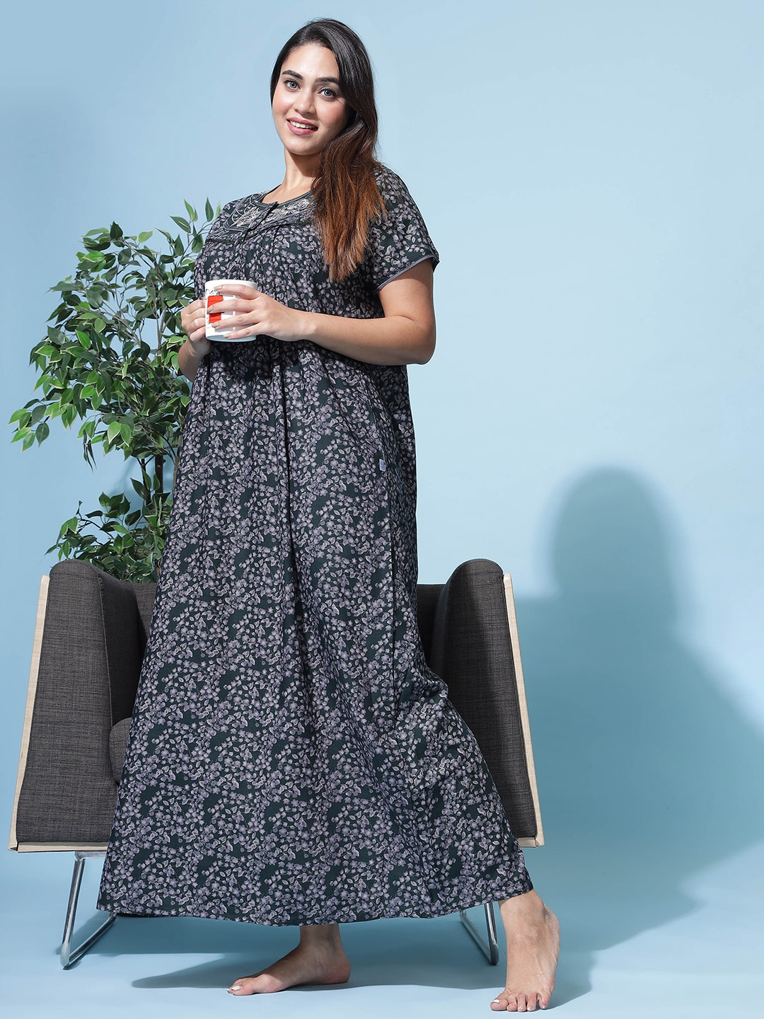 

9shines Label Floral Printed Maxi Nightdress, Green