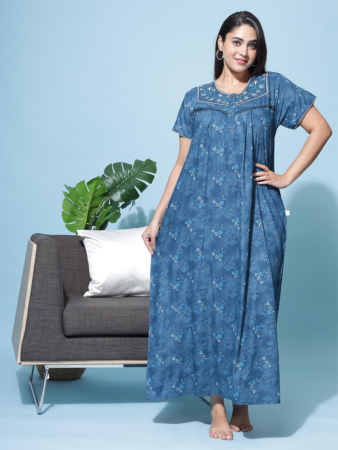 

9shines Label Floral Printed Maxi Nightdress, Blue