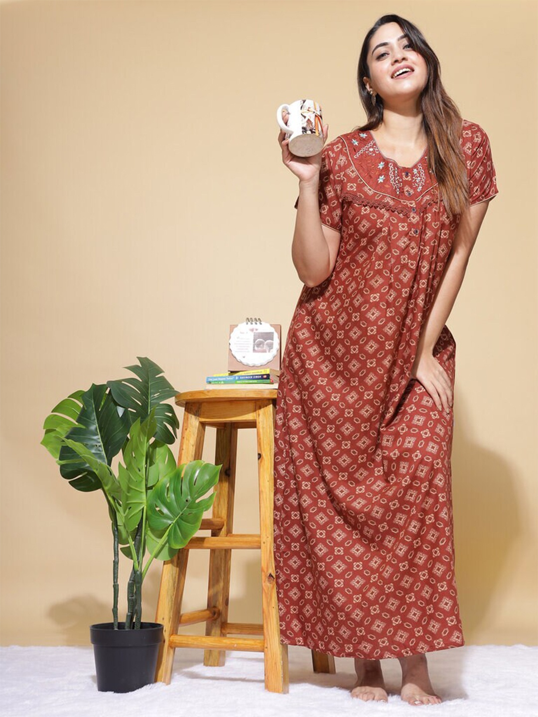 

9shines Label Ethnic Motifs Printed Maxi Nightdress, Rust