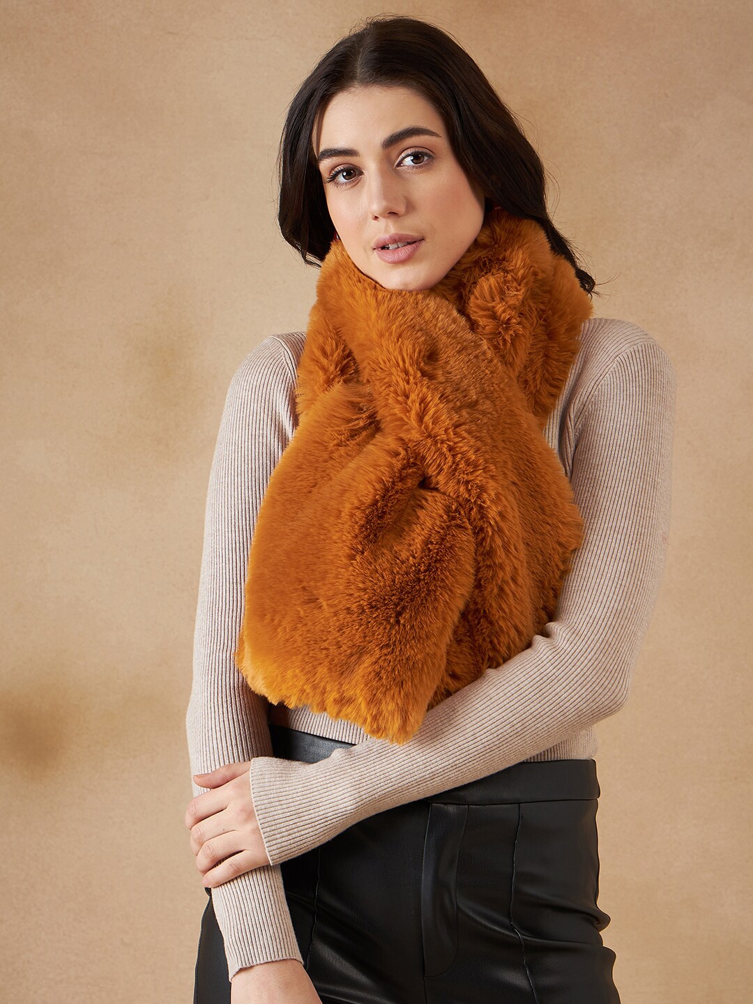 

InWeave Orange Self Design Acrylic Faux Fur Scarf