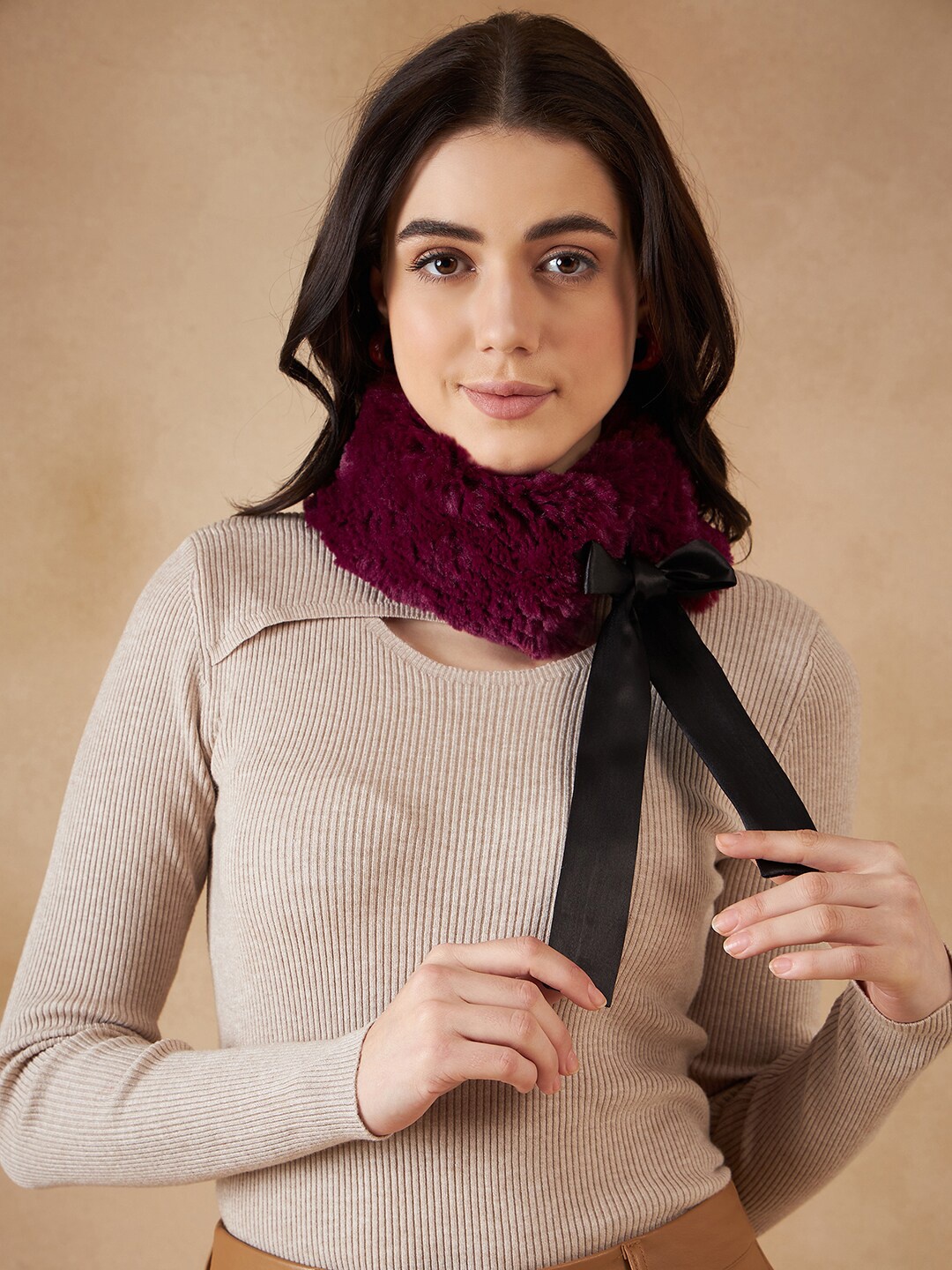 

InWeave Women Burgundy Self Design Acrylic Scarf