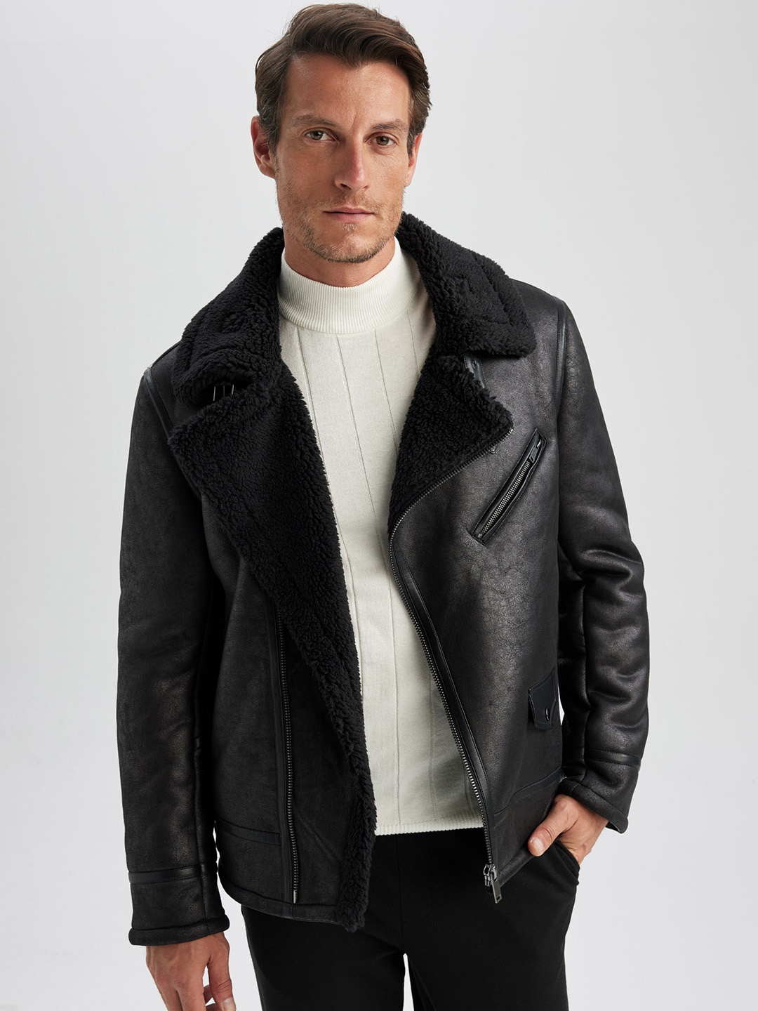 

DeFacto Lapel Collar Biker Jacket, Black