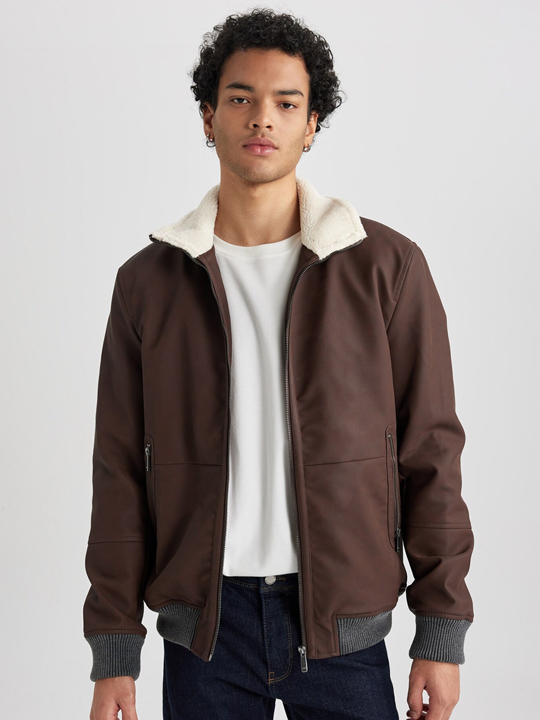 

DeFacto Mock Collar Long Sleeves Fur Bomber Jacket, Brown