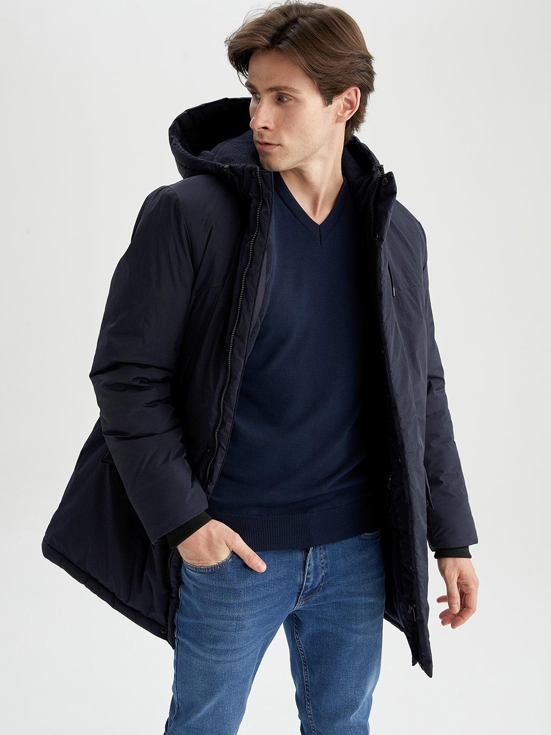 

DeFacto Hooded Longline Puffer Jacket, Navy blue