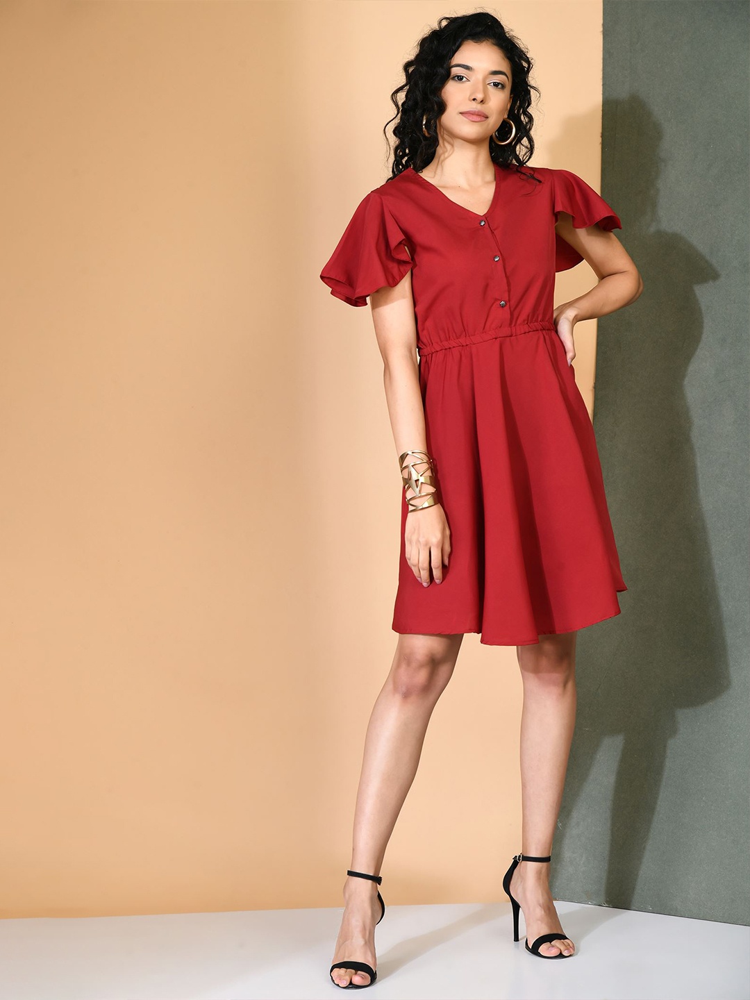 

DressBerry Red V-Neck Flared Sleeve Fit & Flare Dress