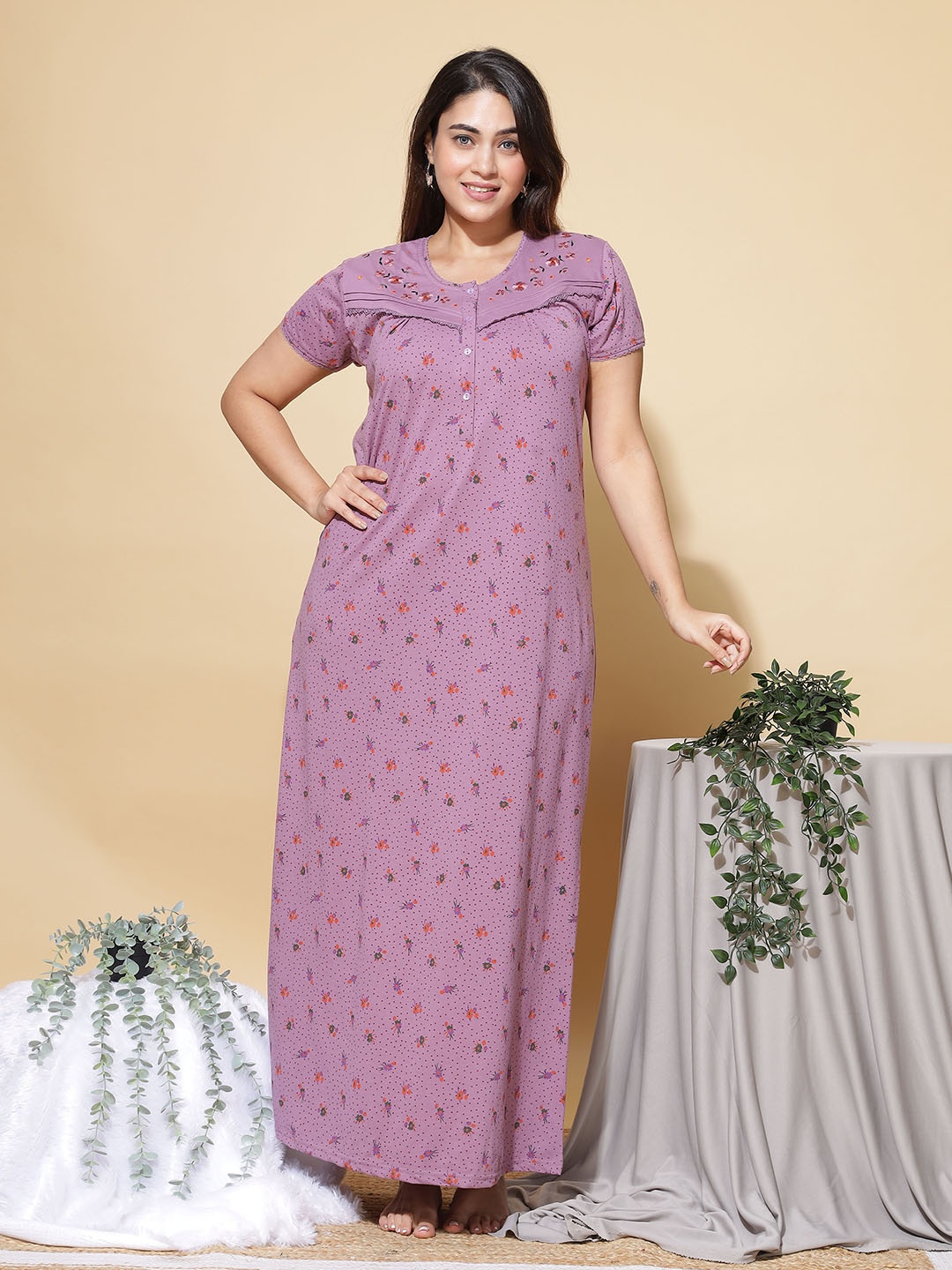 

9shines Label Floral Printed Pure Cotton Maxi Nightdress, Blue