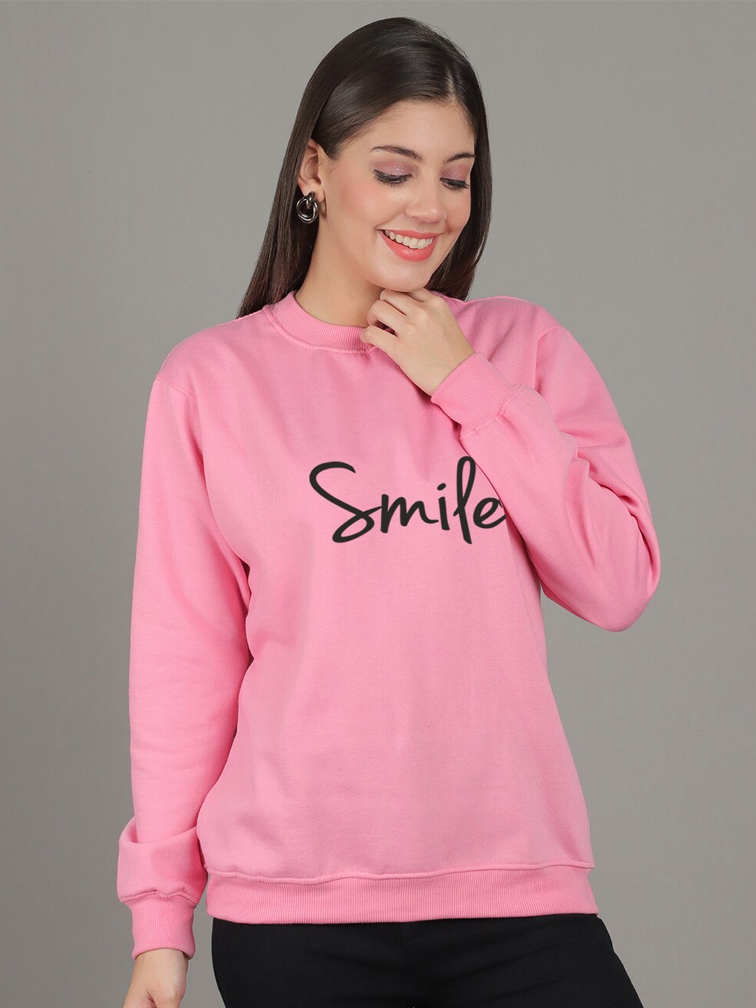 

Jinfo Smile Printed Round Neck Long Sleeves Fleece Pullover Sweatshirt, Pink